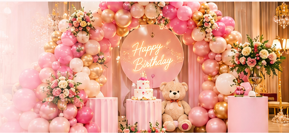 Demo image: pink and gold balloon birthday decoration